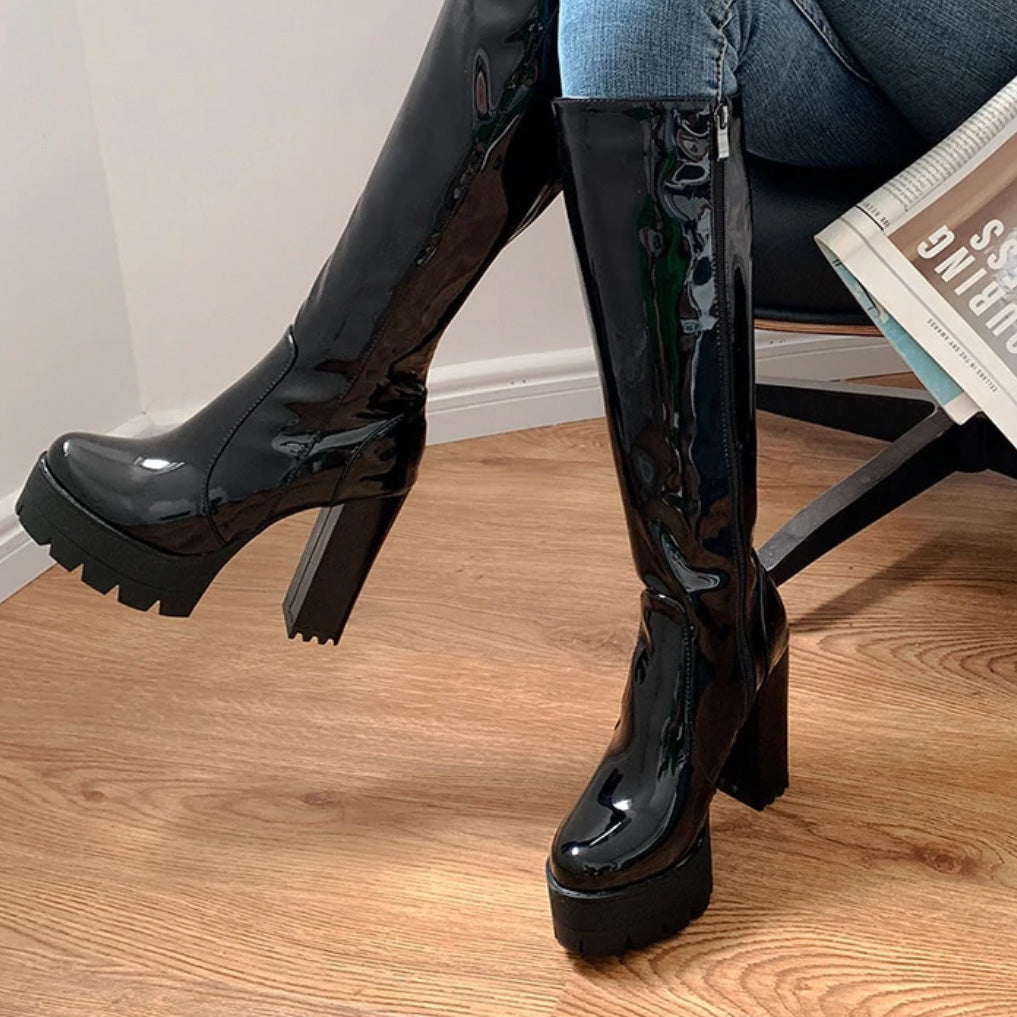 ‘Aries’ Knee High Patent Faux Leather Platform Boots