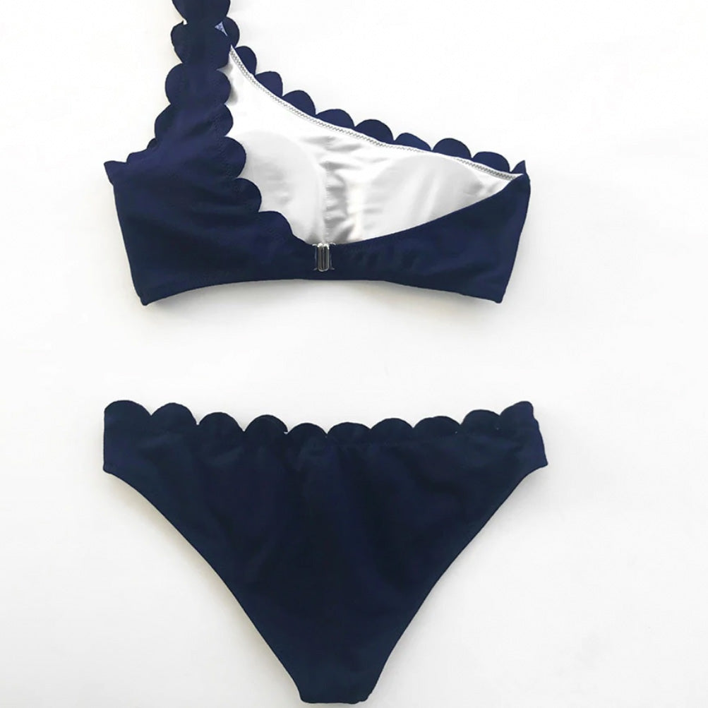 ‘Italy’ Navy One Shoulder scalloped Low waist 2 piece Bikini Set