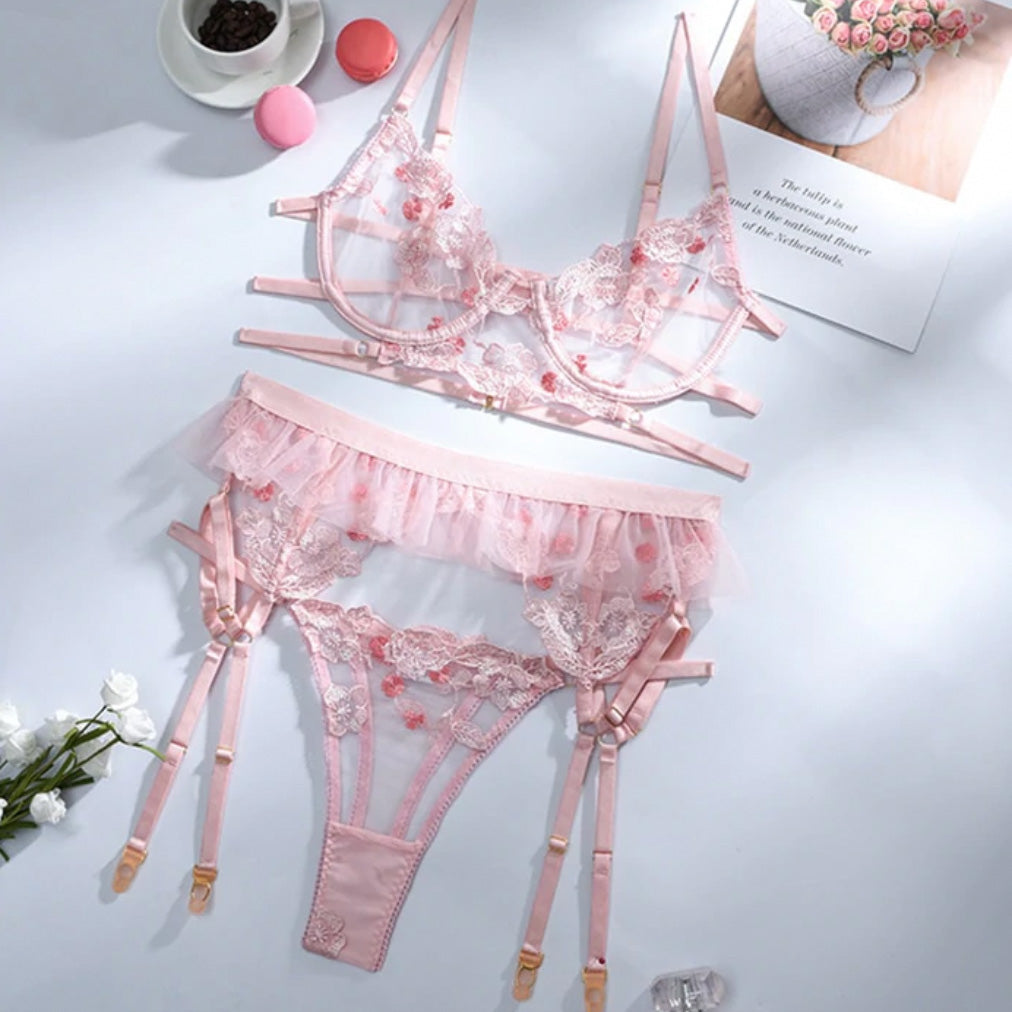 ‘Kate’ pink Floral Mesh Lace 3 piece lingerie set