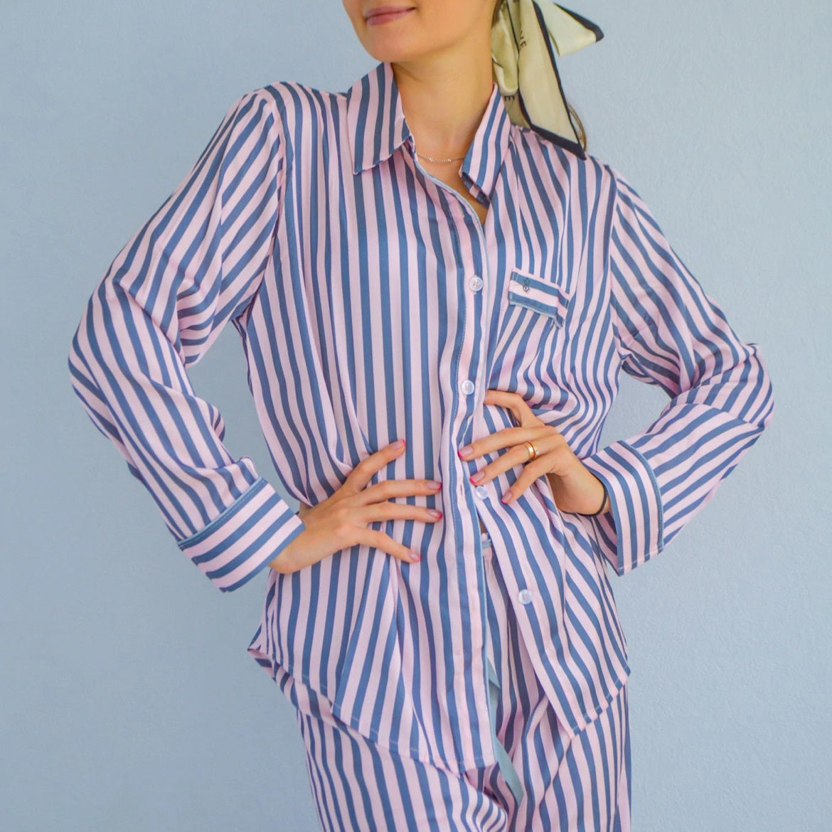 ‘Eudora’ Pin Striped long satin PJs