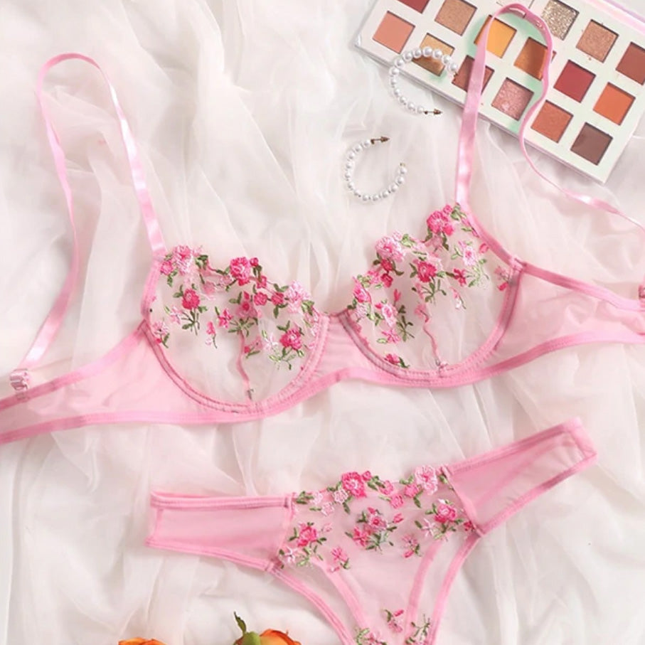 ‘Grace’ Floral Embroidery Transparent Lace 2 Piece lingerie set