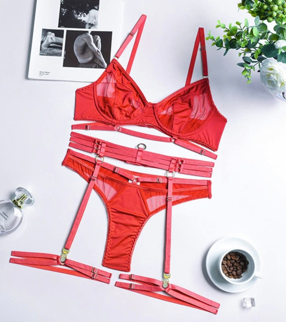 ‘Bethany’ Mesh Bandage 3 piece Lingerie set