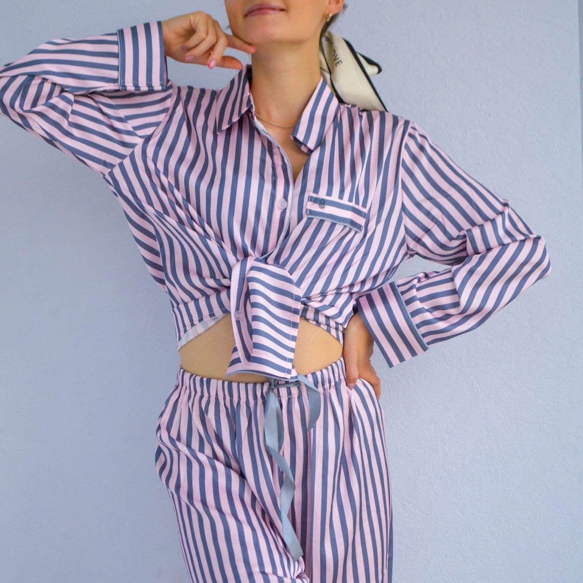 ‘Eudora’ Pin Striped long satin PJs