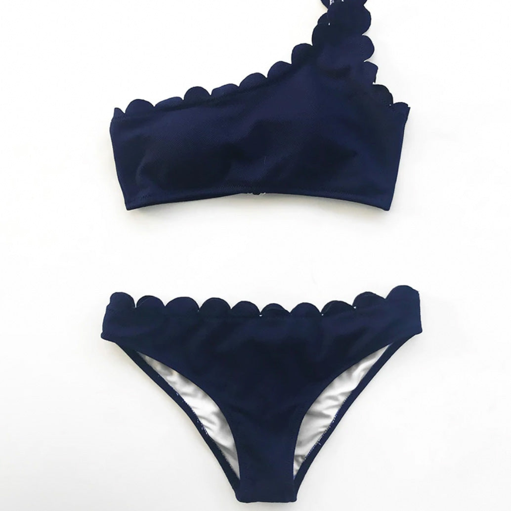 ‘Italy’ Navy One Shoulder scalloped Low waist 2 piece Bikini Set