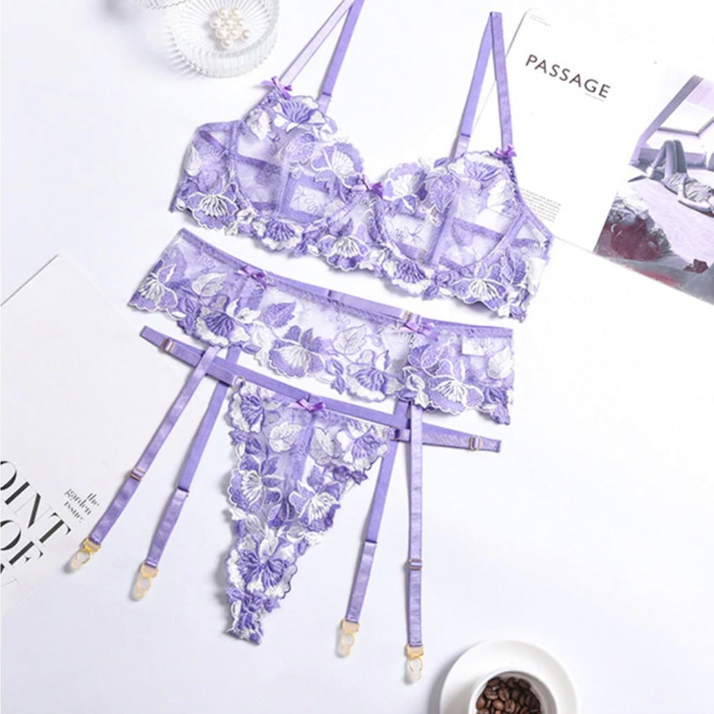 ‘Alice’ Lilac/pink/yellow floral lace 3 piece lingerie set