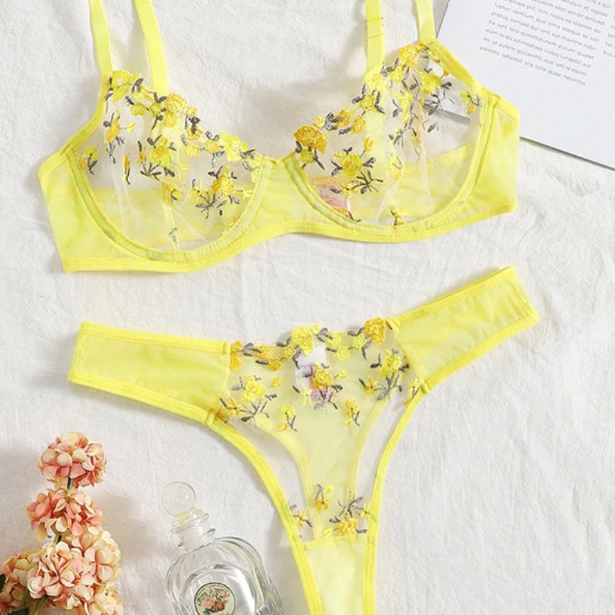 ‘Grace’ Floral Embroidery Transparent Lace 2 Piece lingerie set