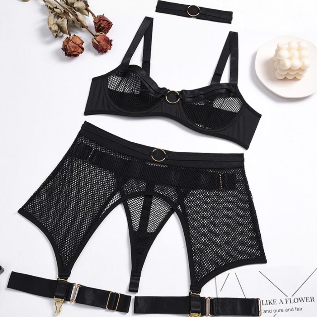 ‘Francesca’ transparent mesh Four-Piece lingerie set