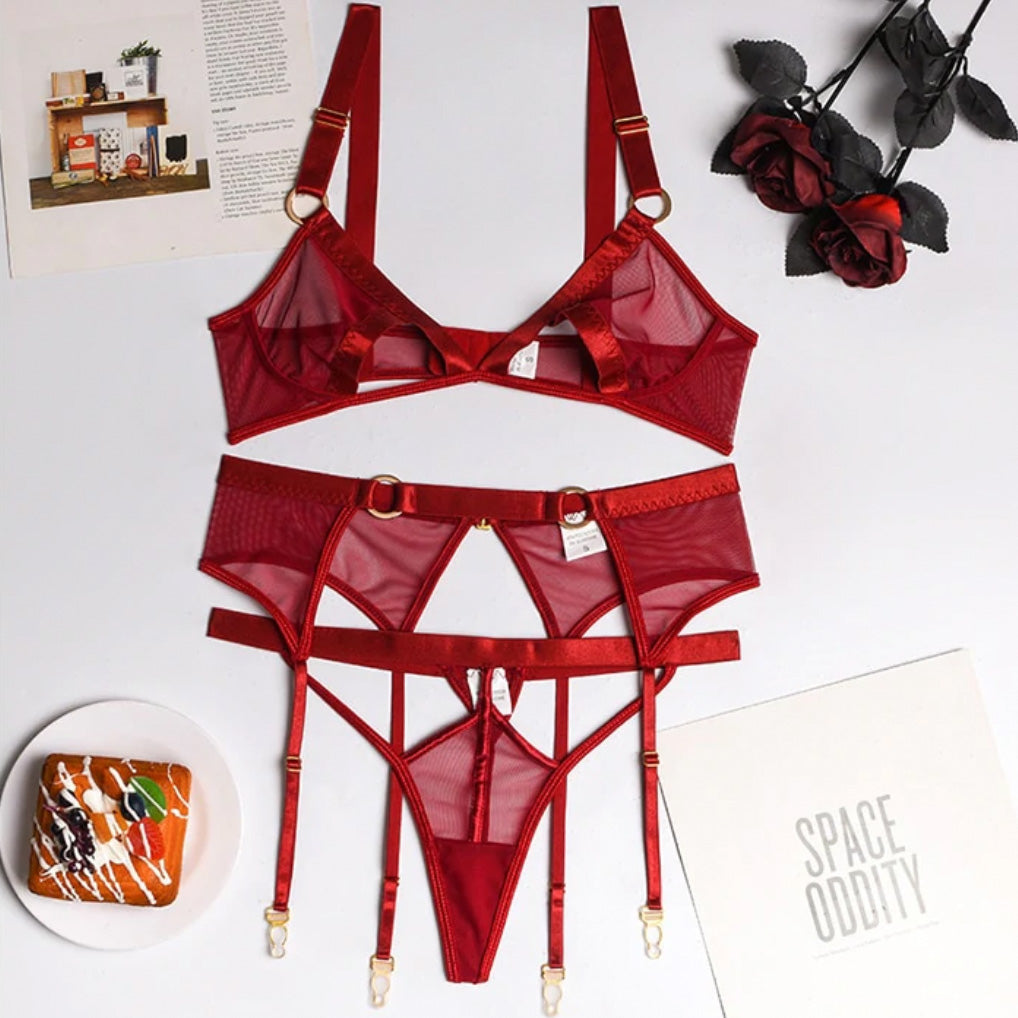 ‘Stephanie’ mesh bondage 3 piece lingerie Set