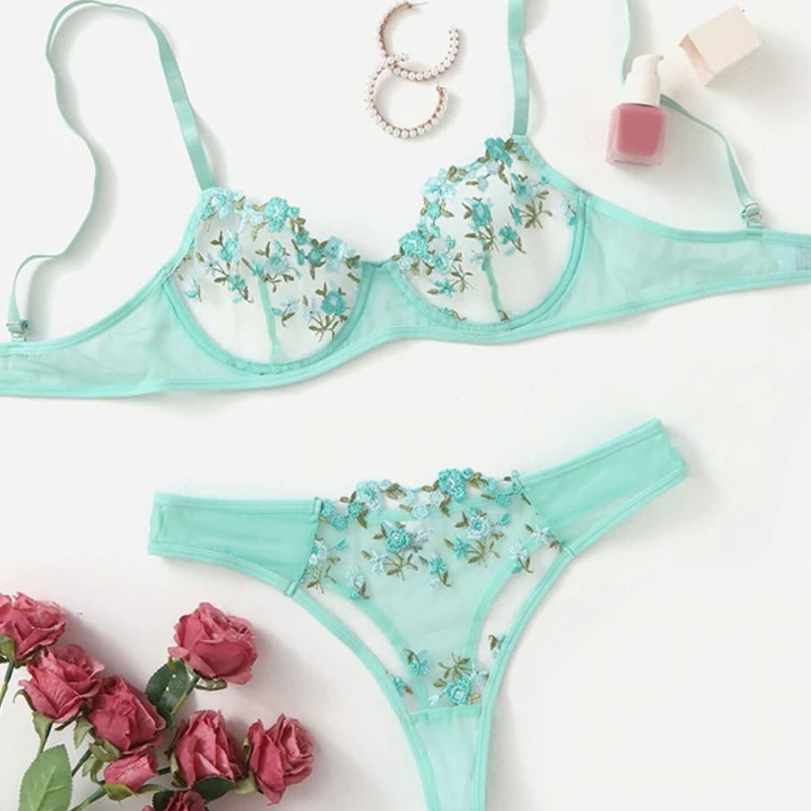 ‘Grace’ Floral Embroidery Transparent Lace 2 Piece lingerie set