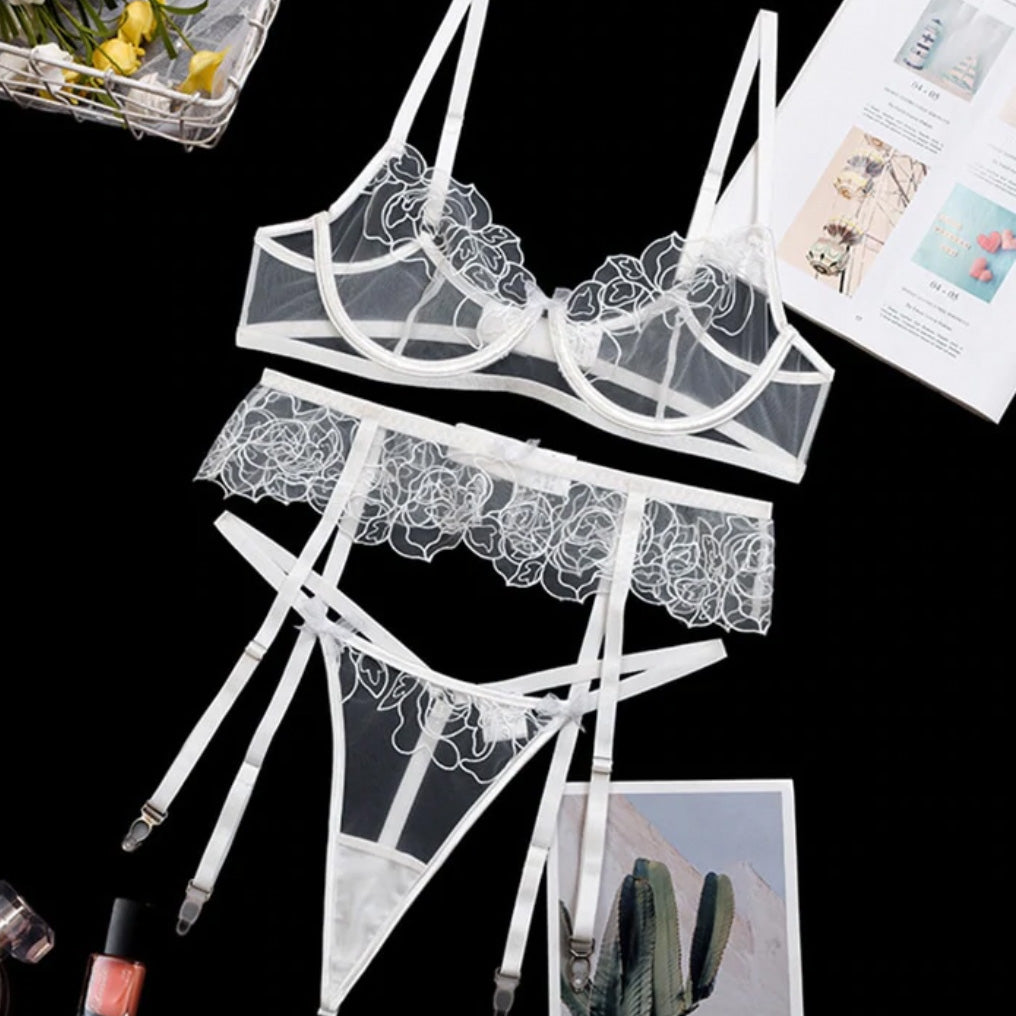 ’Zoe’ Transparent White 3 Piece lingerie set