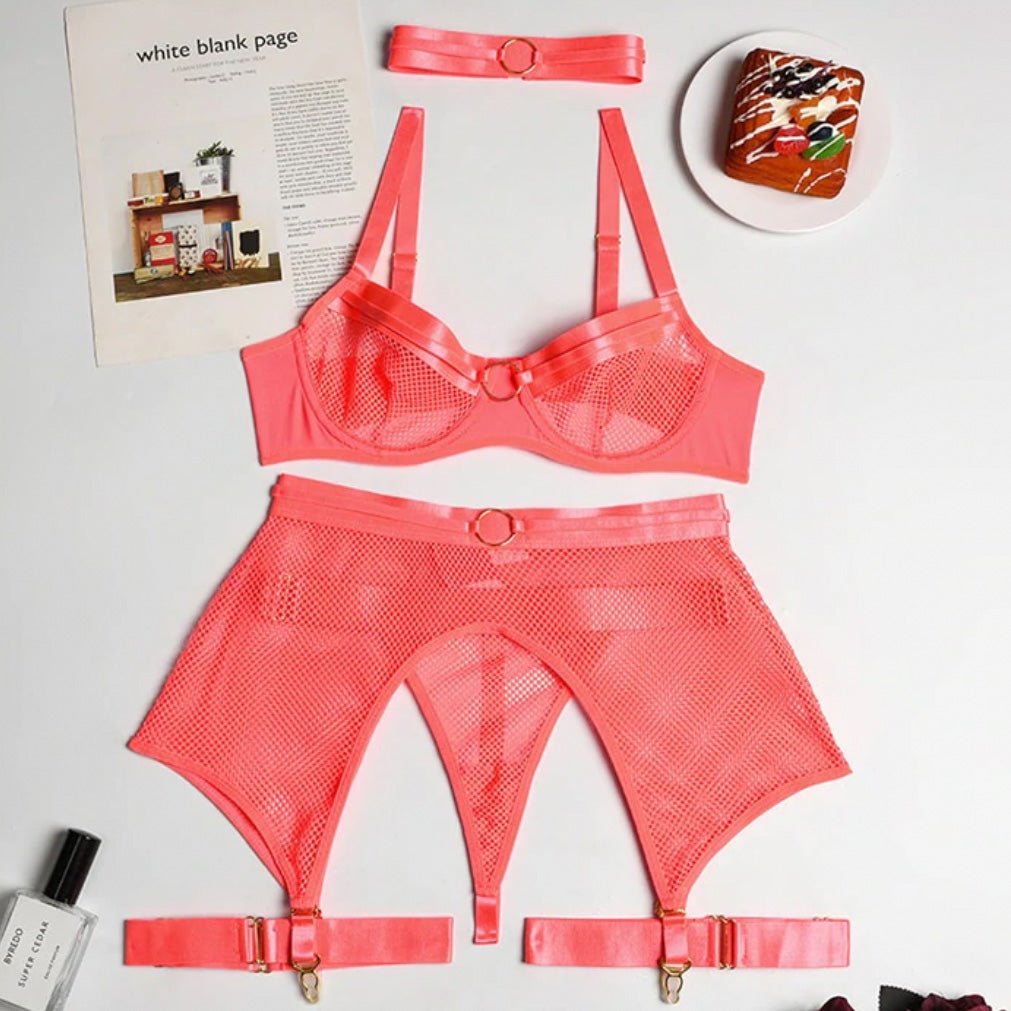 ‘Francesca’ transparent mesh Four-Piece lingerie set