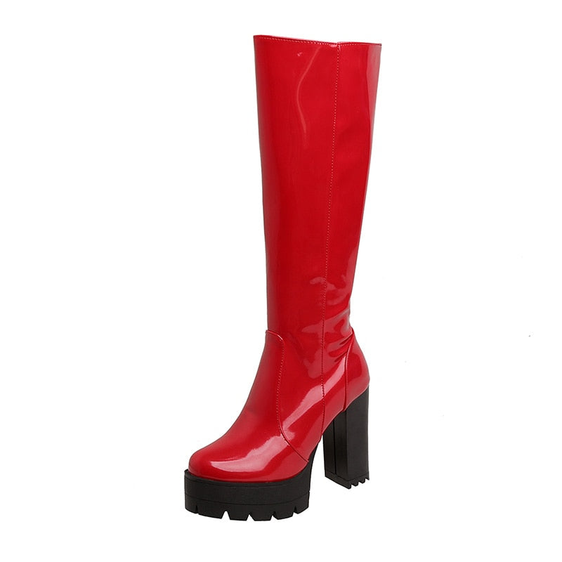 ‘Aries’ Knee High Patent Faux Leather Platform Boots
