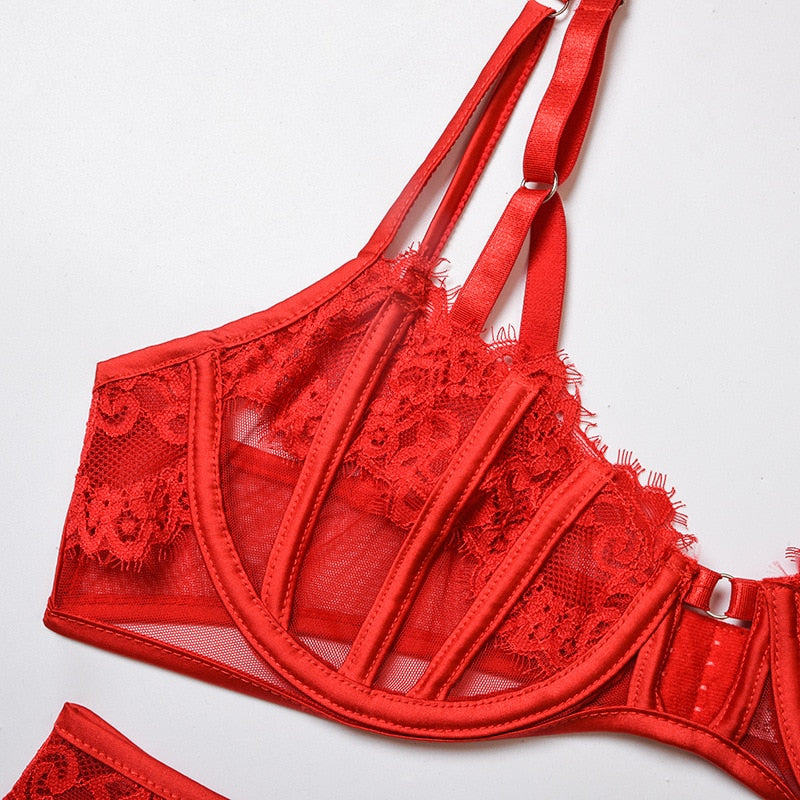 ‘Nikki’ red lace 3 piece lingerie set