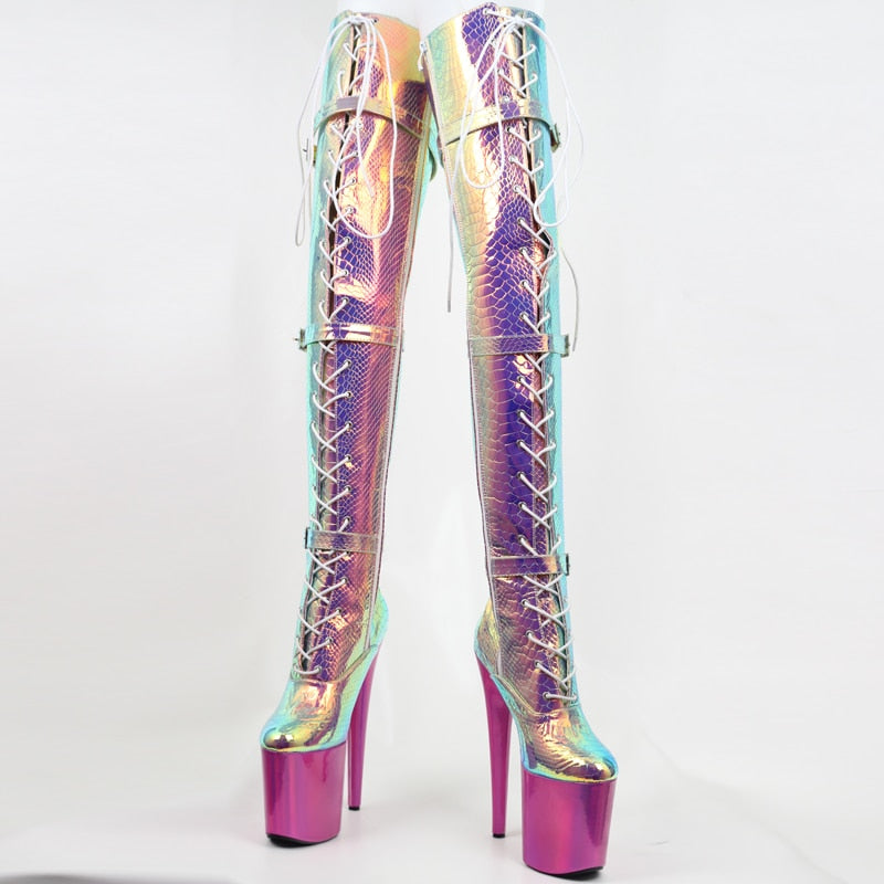 ‘Sirius’ faux leather 20cm heel Snake Print Holographic Lace Up Thigh High Pleasers