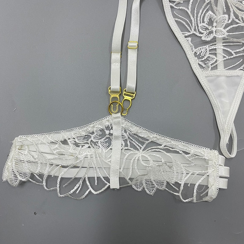 ’Whitney’ White Floral Transparent Embroidery 3 piece lingerie set