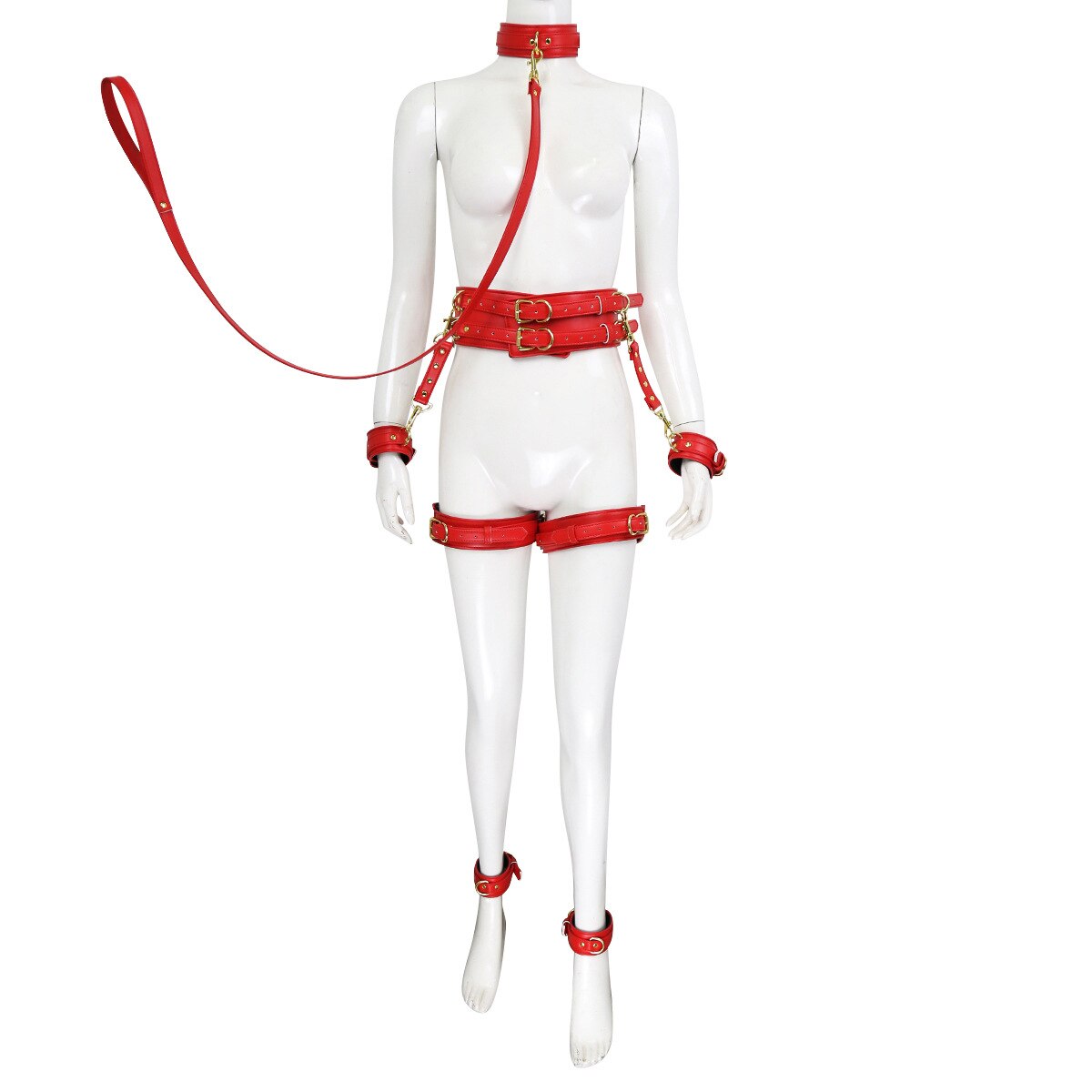 BDSM faux Leather Leg and Body Strap bondage Harness with leash