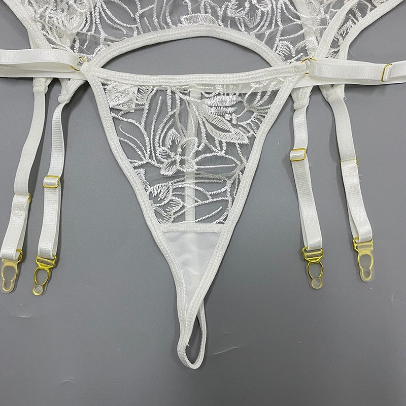 ’Whitney’ White Floral Transparent Embroidery 3 piece lingerie set