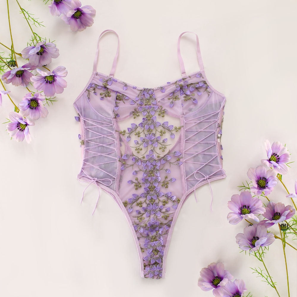 ‘Vicky’ Floral transparent Embroidery Bodysuit