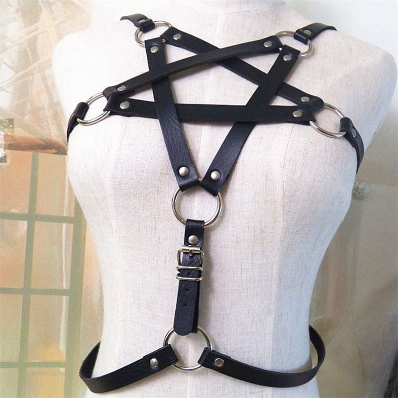 ‘Dana’ Pentagram Faux Leather caged Harness Bra