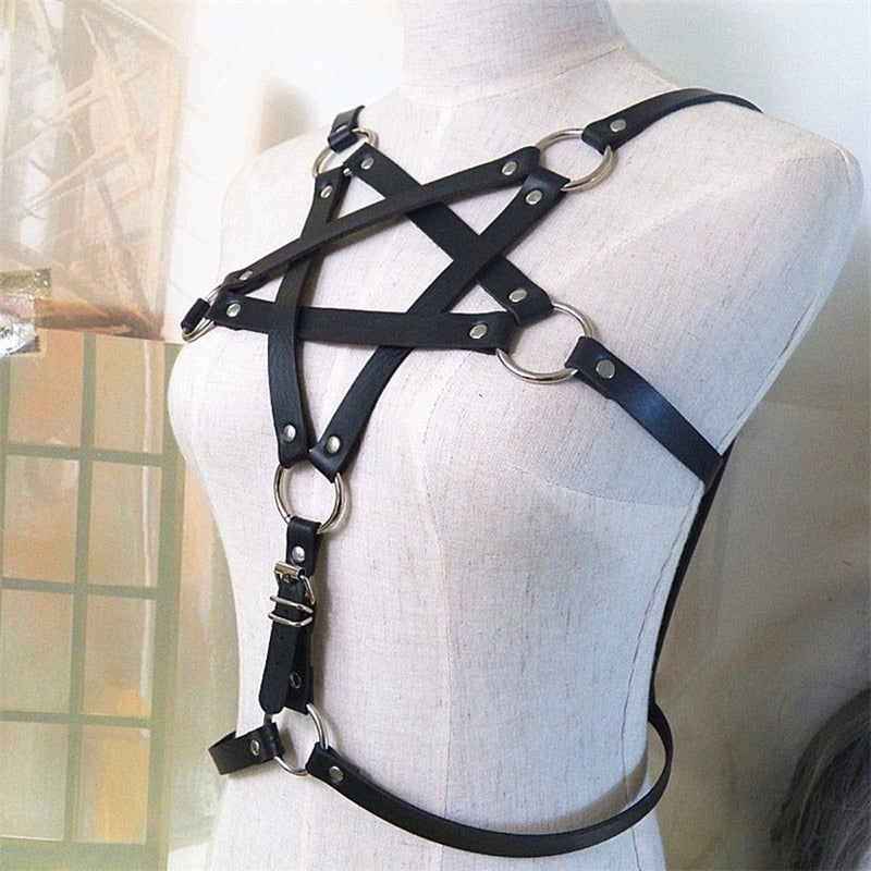 ‘Dana’ Pentagram Faux Leather caged Harness Bra