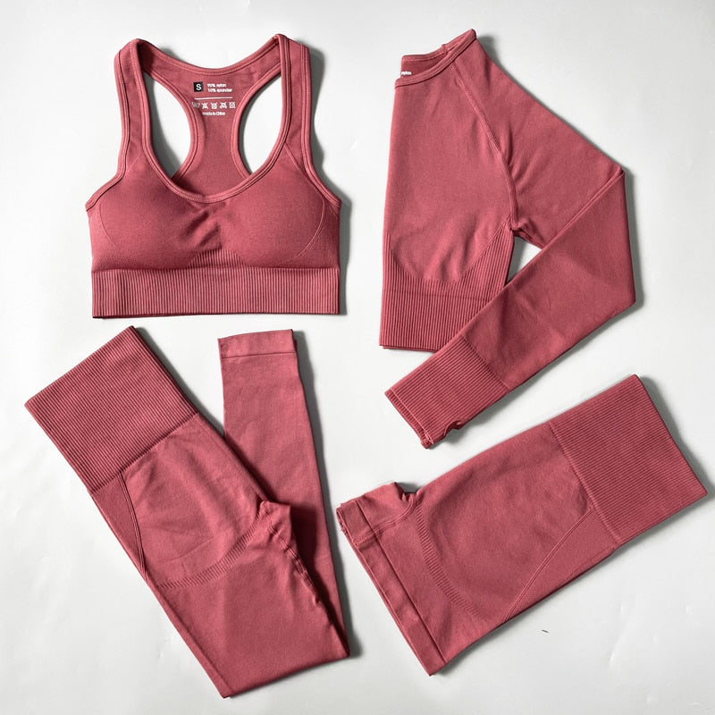 ‘Crystal’ 4 piece Seamless Yoga Set with sports bra, shorts, long top and leggings