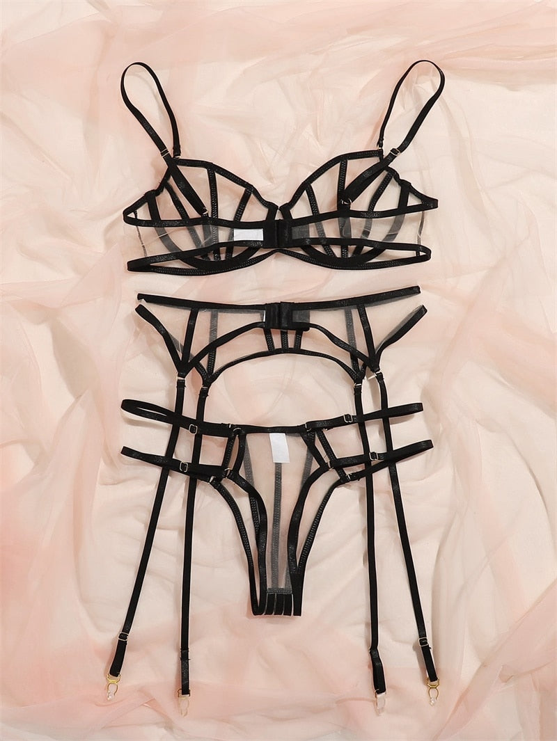 ‘Derby’ black Transparent 3 piece lingerie set