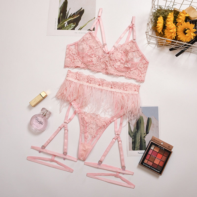 ‘Ella’ Feather Lace Embroidery 3 piece Lingerie Set