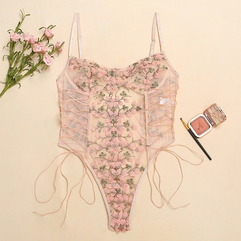 ‘Vicky’ Floral transparent Embroidery Bodysuit