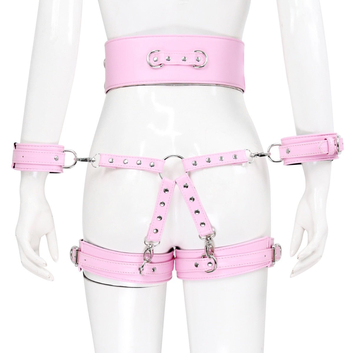 BDSM faux Leather Leg and Body Strap bondage Harness with leash