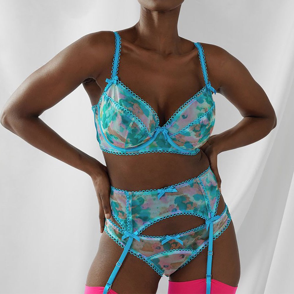 ‘Vicky’ blue floral 3 piece lingerie set