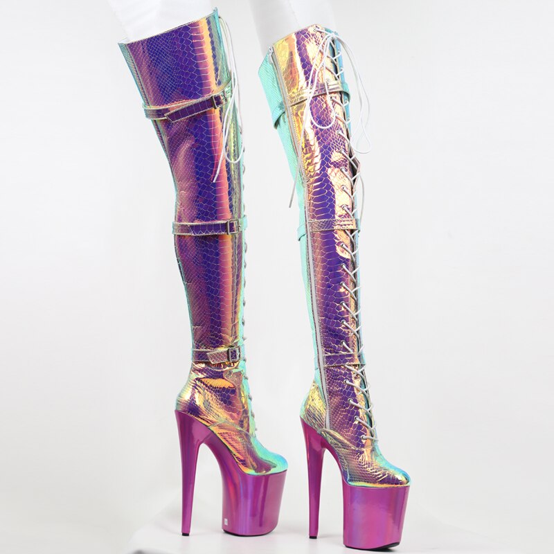 ‘Sirius’ faux leather 20cm heel Snake Print Holographic Lace Up Thigh High Pleasers