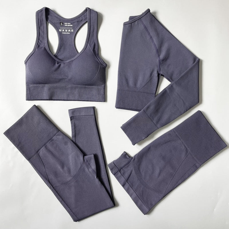 ‘Crystal’ 4 piece Seamless Yoga Set with sports bra, shorts, long top and leggings