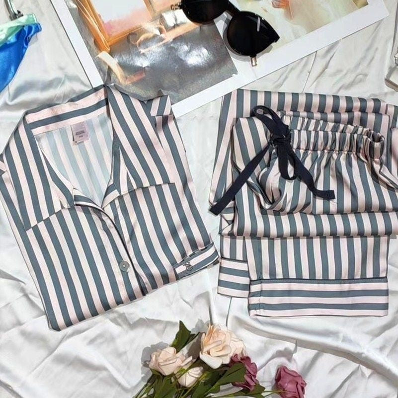 ‘Eudora’ Pin Striped long satin PJs