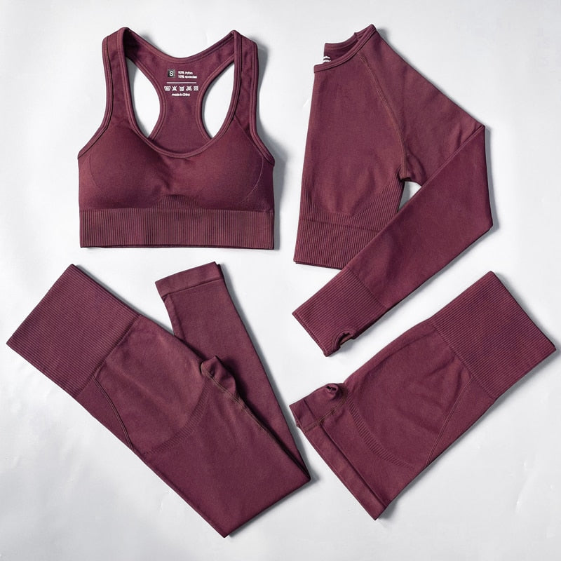 ‘Crystal’ 4 piece Seamless Yoga Set with sports bra, shorts, long top and leggings