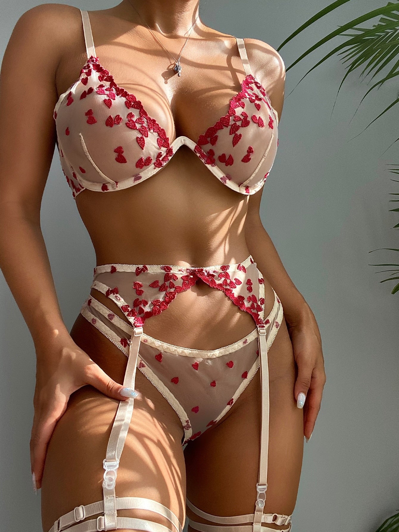 ‘Aurora’ transparent heart 3 piece lingerie Set