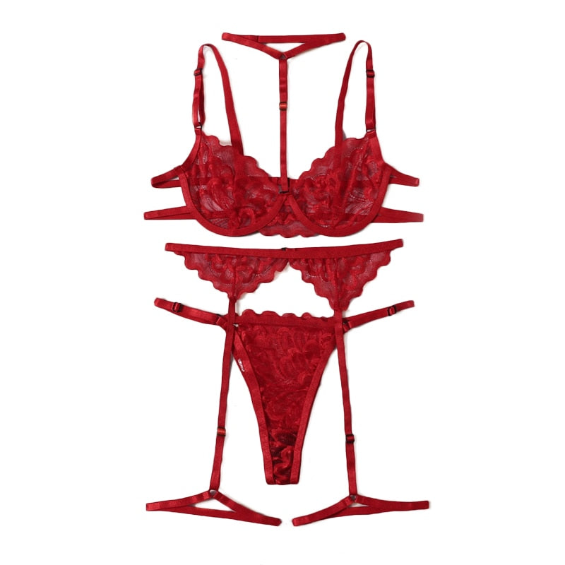 ‘Rebecca’ red 3 piece lace lingerie set