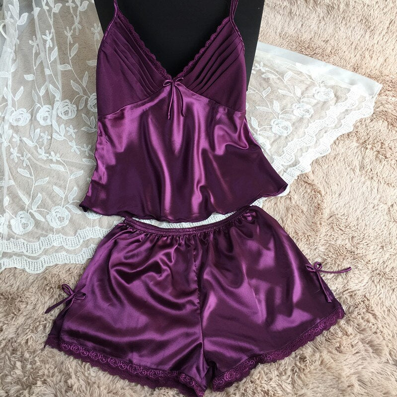 ‘Aditi’ V-neck Spaghetti Strap satin 2 piece pj set