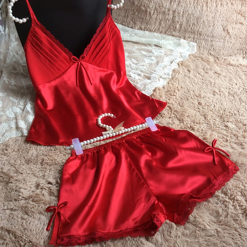 ‘Aditi’ V-neck Spaghetti Strap satin 2 piece pj set