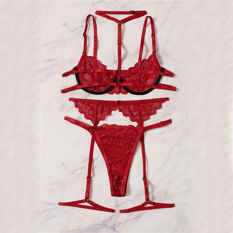 ‘Rebecca’ red 3 piece lace lingerie set