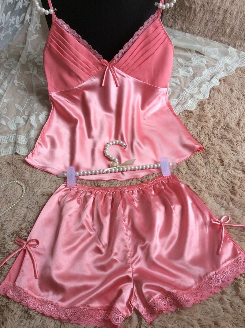 ‘Aditi’ V-neck Spaghetti Strap satin 2 piece pj set