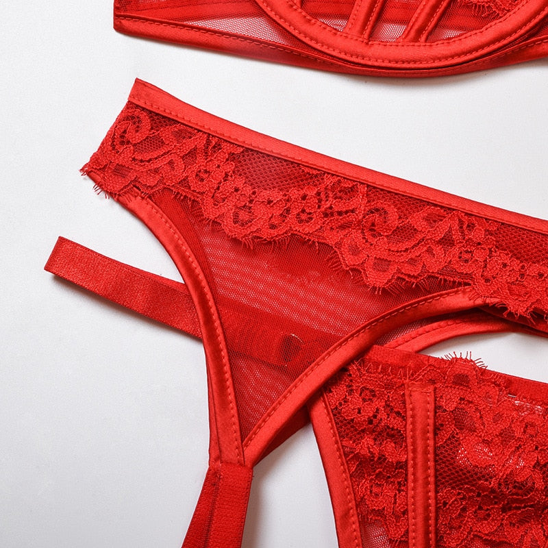 ‘Nikki’ red lace 3 piece lingerie set