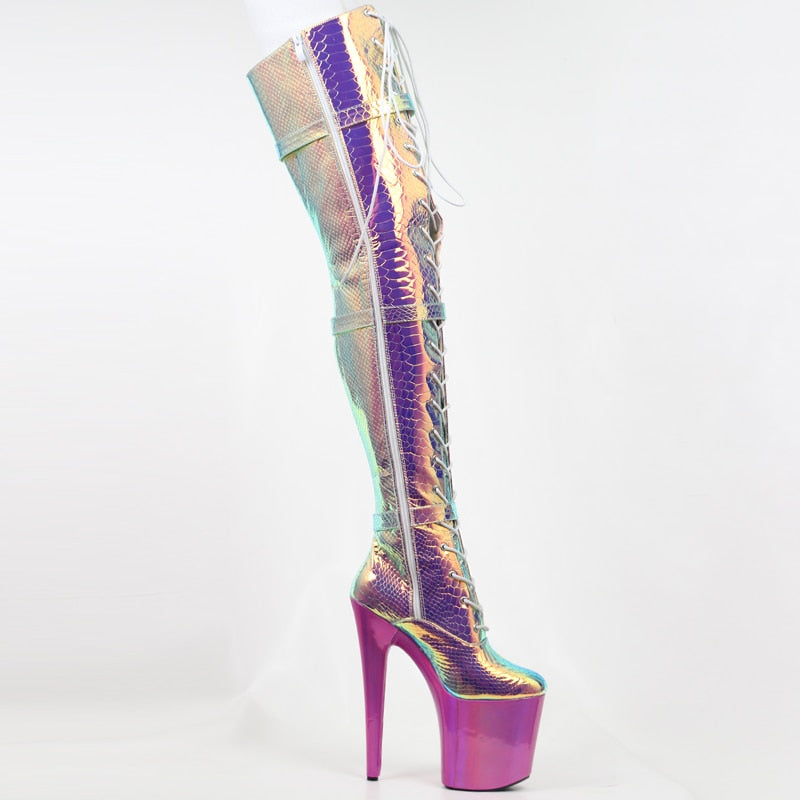 ‘Sirius’ faux leather 20cm heel Snake Print Holographic Lace Up Thigh High Pleasers