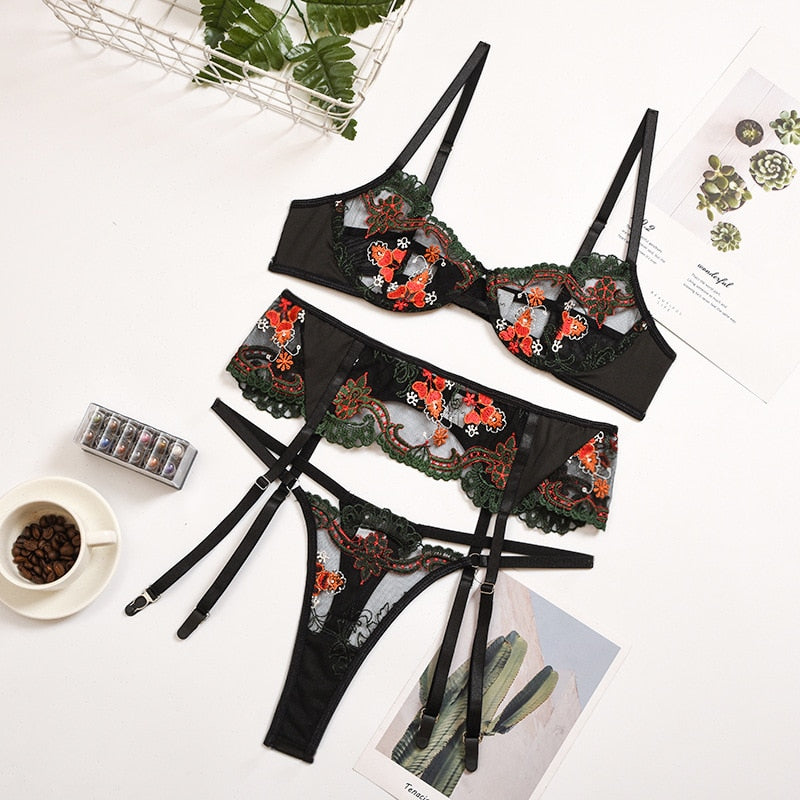 ‘Yasmin’ floral embroidery lace 3 piece lingerie set