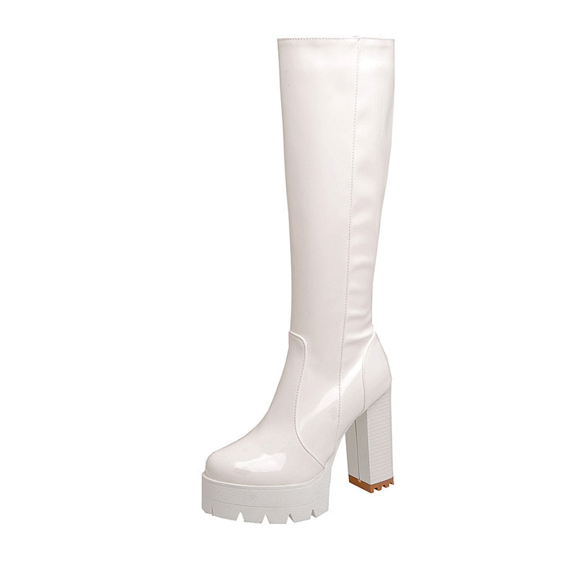 ‘Aries’ Knee High Patent Faux Leather Platform Boots