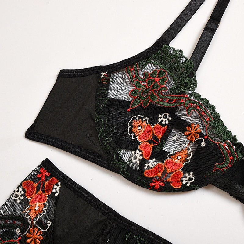 ‘Yasmin’ floral embroidery lace 3 piece lingerie set