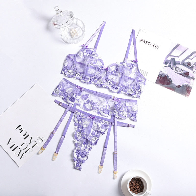 ‘Alice’ Lilac/pink/yellow floral lace 3 piece lingerie set