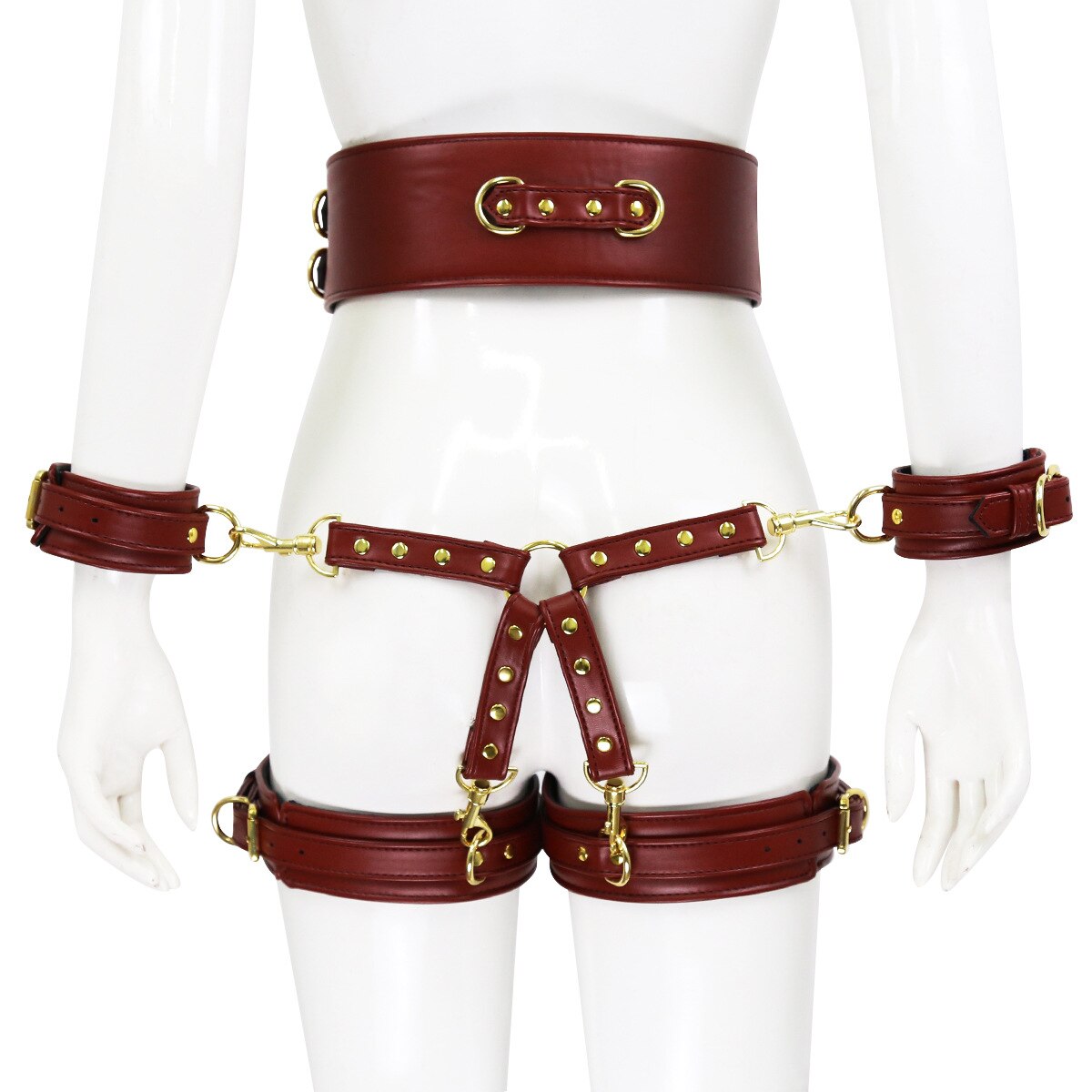 BDSM faux Leather Leg and Body Strap bondage Harness with leash