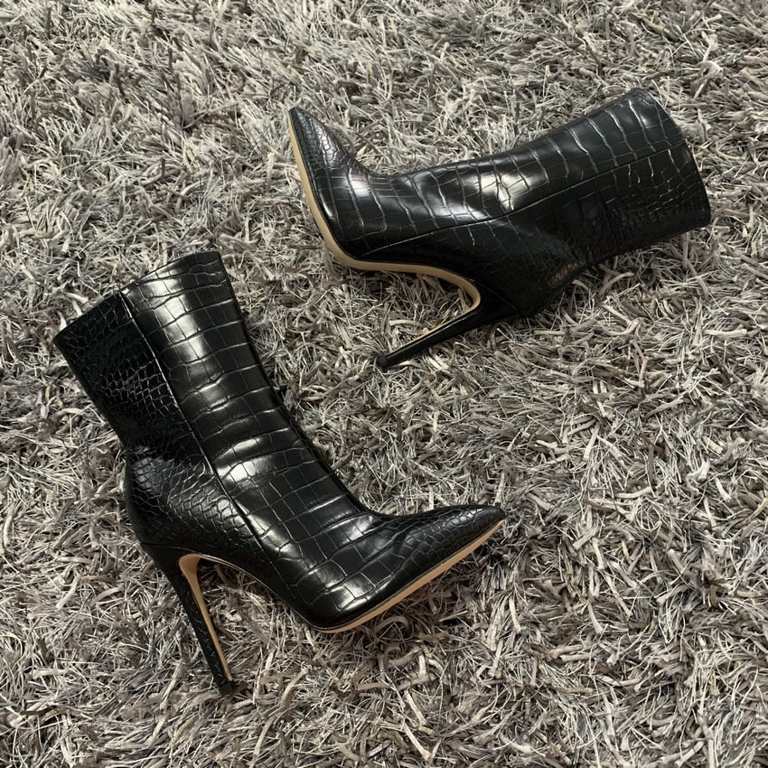 ‘Callie’ Crocodile print pointed toe ankle boot