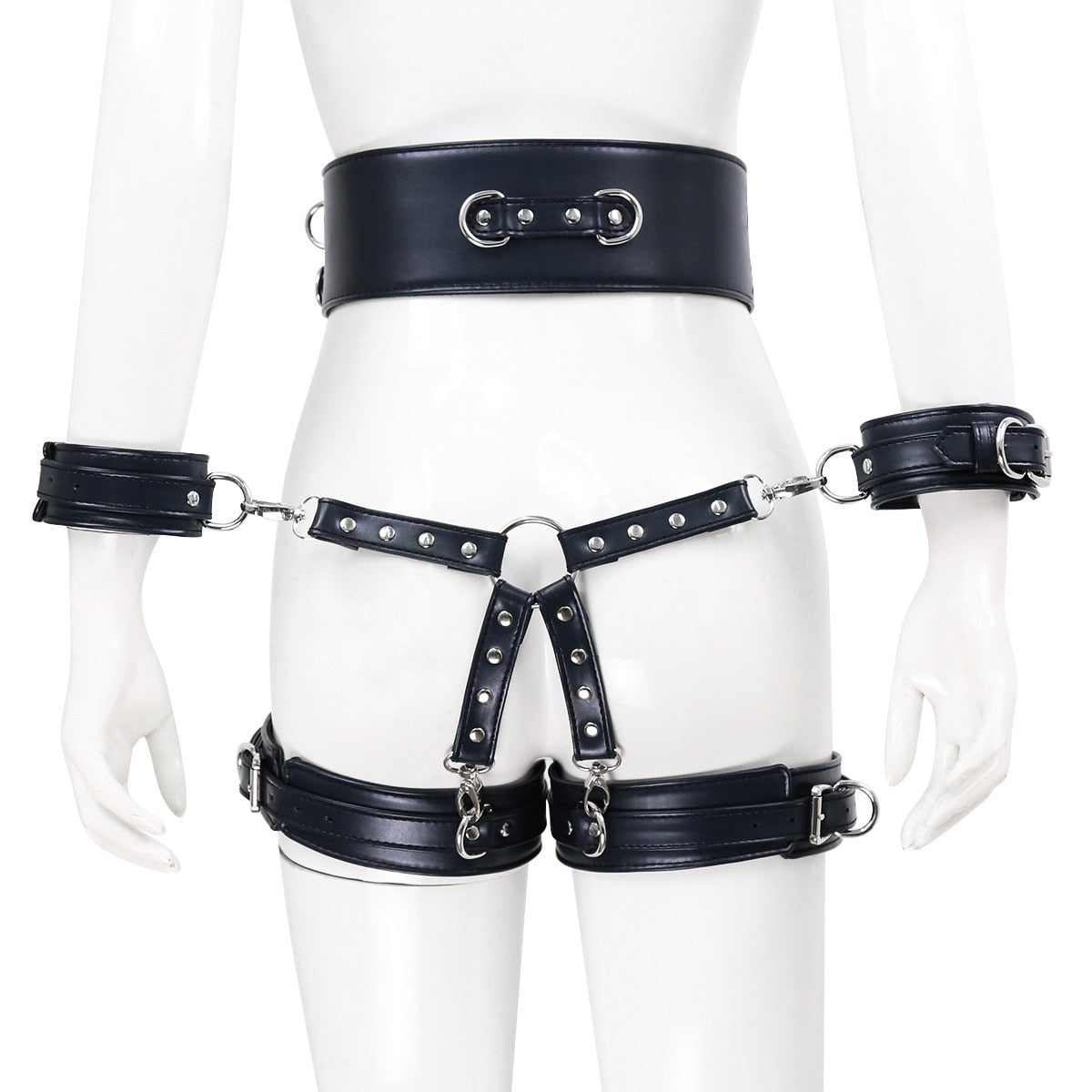 BDSM faux Leather Leg and Body Strap bondage Harness with leash