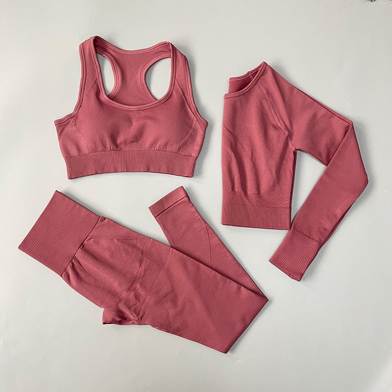 ‘Crystal’ 3 piece Seamless Yoga Set with sports bra, long top and leggings